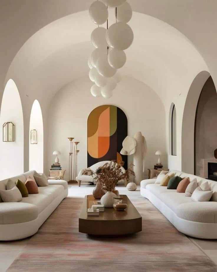 Lisa Pollock _ Setting the tone for a new week with the grooviest lounge vibes and a vibrant pop of color_ Design timurmtn _ Instagram Modern living room with white sofas, abstract art, and decorative lighting under an arched ceiling. | Sky Rye Design Modern living room with white sofas, abstract art, and decorative lighting under an arched ceiling.
