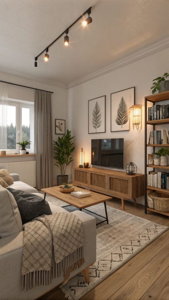 Modern living room with cozy decor, wood furniture, and plant accents, featuring a sofa, TV, and art on the walls.