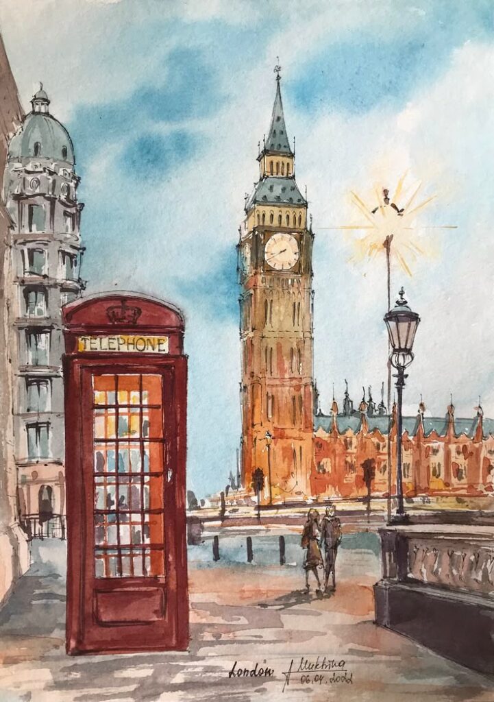 Watercolor painting of Big Ben and red phone booth in London. Iconic landmarks under a blue sky.