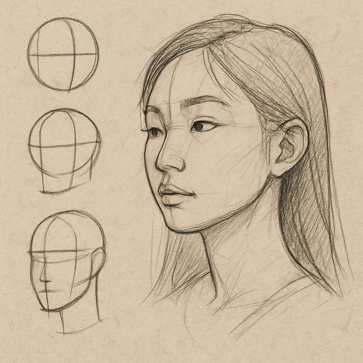 Pencil sketch of a woman's face with head construction steps on the side.