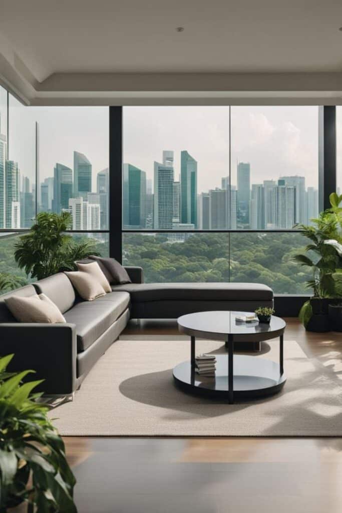 Modern living room with panoramic city views, featuring a sleek sofa, round coffee table, and lush indoor plants.