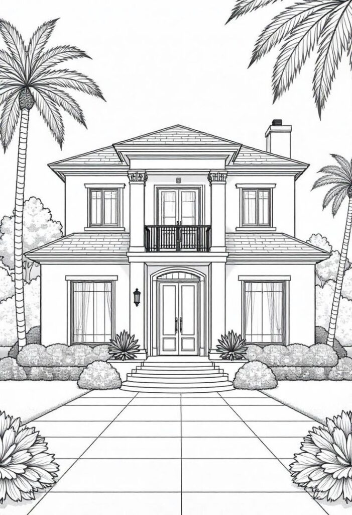Line art drawing of a two-story house with palm trees, a symmetrical facade, and a welcoming pathway.