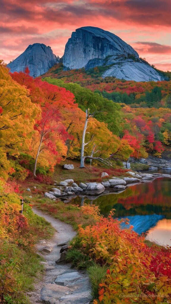 Maine in the Fall_ A Guide to the 7 Best Leaf-Peeping Locations Vibrant autumn landscape with a mountain view, colorful foliage, and a serene path along a reflective lake at sunset. | Sky Rye Design Vibrant autumn landscape with a mountain view, colorful foliage, and a serene path along a reflective lake at sunset.