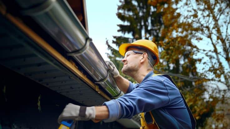 Worker in safety gear inspecting roof gutter outdoors.