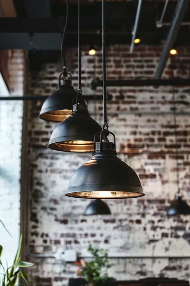 Industrial-style pendant lights in a rustic loft with exposed brick walls and metal ceiling beams.