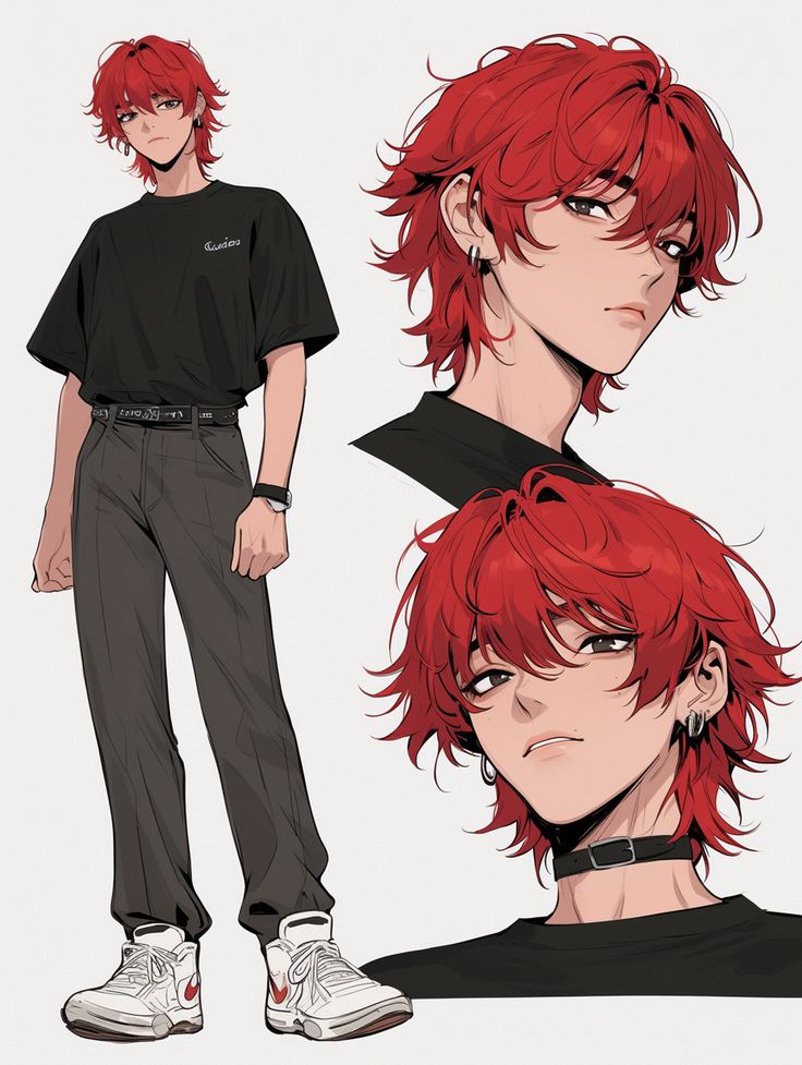 Manwha oc Anime character with red hair, wearing a black shirt and pants, depicted in multiple poses and expressions. | Sky Rye Design Anime character with red hair, wearing a black shirt and pants, depicted in multiple poses and expressions.