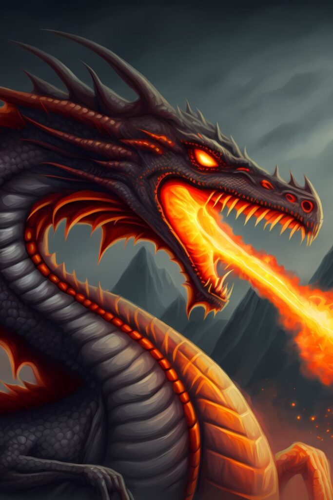 Fierce dragon breathing fire amidst mountains, showcasing fantasy art with vivid colors and dramatic effects.