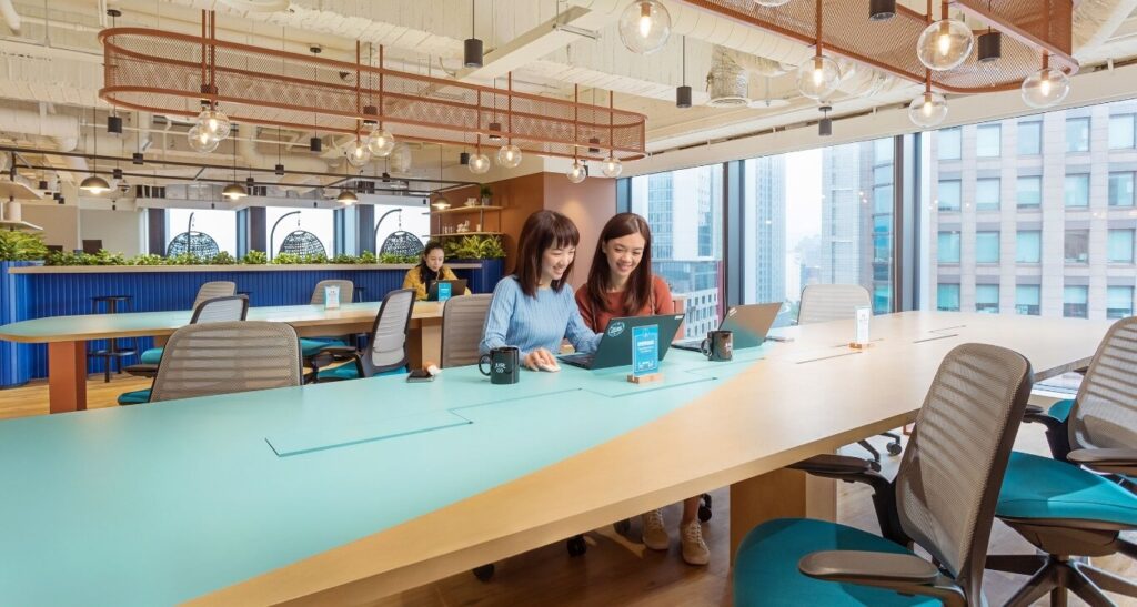 Mask-Group-138_DianShih Modern office space with two women collaborating on laptops, surrounded by plants and city views. | Sky Rye Design Modern office space with two women collaborating on laptops, surrounded by plants and city views.