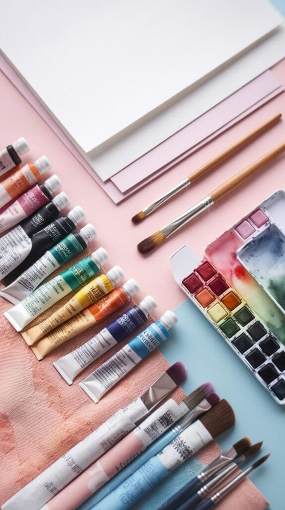 Assorted watercolor paints, brushes, and paper for artistic painting on a pastel colored background.