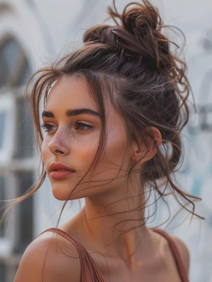 Young woman with a messy bun hairstyle gazes thoughtfully outdoors, natural lighting highlighting her serene expression.