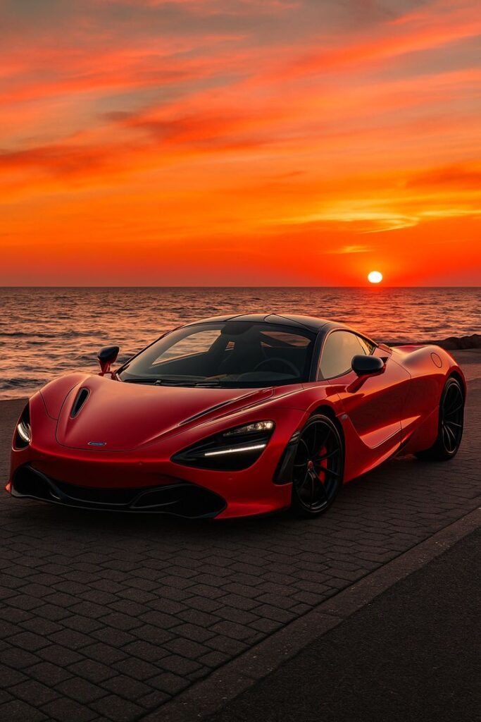 Red sports car by the ocean under a vibrant sunset, showcasing sleek design and luxury performance.