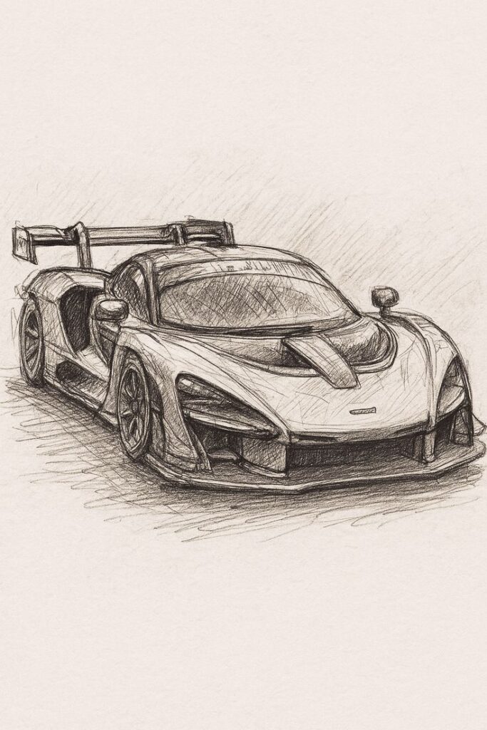 Sketch of a sleek sports car with aerodynamic design and rear wing, showcasing artistic detail in pencil.