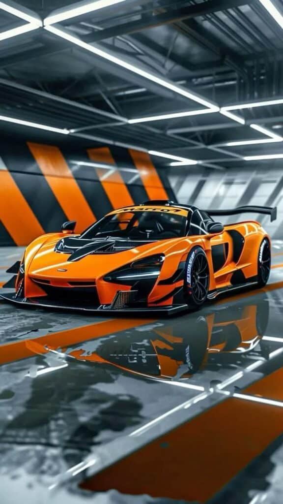 Orange sports car in a modern garage with reflective floor and bold geometric wall patterns.