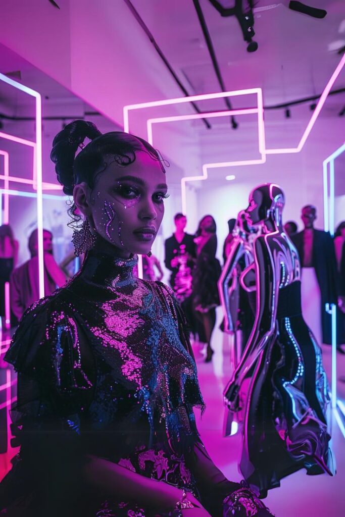Futuristic fashion show with vibrant neon lights, stylish woman in glittering attire amidst reflective mannequins.