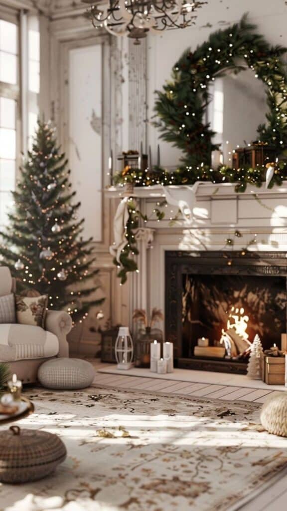 Merry Bright - 50 Phone Wallpaper Christmas Images to Download to Deck Your Screen Cozy Christmas living room with decorated tree, fireplace, wreath, and candles, creating a festive holiday atmosphere. | Sky Rye Design Cozy Christmas living room with decorated tree, fireplace, wreath, and candles, creating a festive holiday atmosphere.