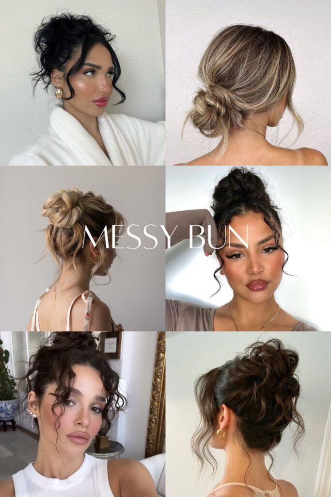 Trendy messy bun hairstyles for women, featuring various styles and hair colors in a collage format.