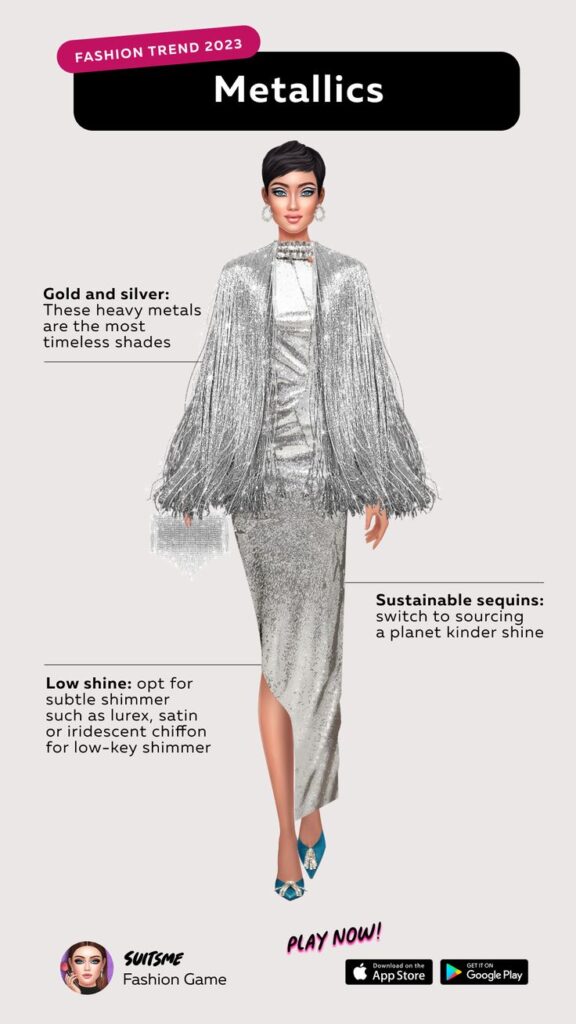 Fashion trend 2023: Metallic outfit with silver dress, fringed jacket, and blue shoes. Sustainable fashion emphasis.