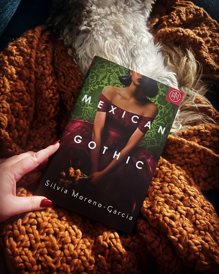 Mexican Gothic Hand holding Mexican Gothic book over a cozy orange blanket with a dog in the background. | Sky Rye Design Hand holding Mexican Gothic book over a cozy orange blanket with a dog in the background.