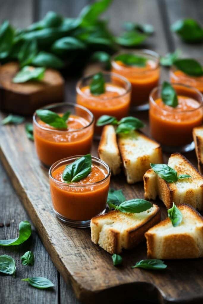 Tomato soup in glasses garnished with basil, served with toasted bread on a wooden board.