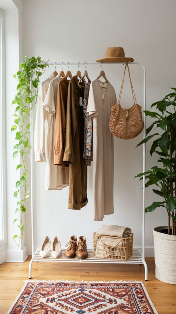 Minimalist Capsule Wardrobe_ Quality Over Quantity Minimalist clothing rack with neutral dresses, shoes, hat, and plants for a stylish, cozy room decor display. | Sky Rye Design Minimalist clothing rack with neutral dresses, shoes, hat, and plants for a stylish, cozy room decor display.