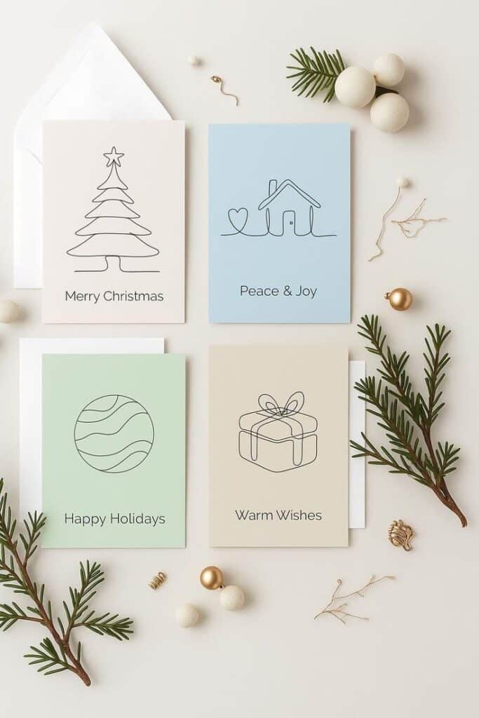 Minimalist holiday greeting cards with festive designs: Merry Christmas, Peace & Joy, Happy Holidays, Warm Wishes.