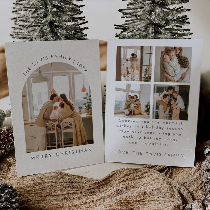 Family Christmas cards on display with festive pine decorations and a heartfelt holiday message.