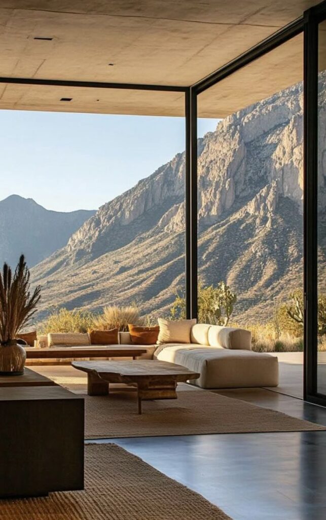 Modern living room with mountain view, glass walls, and elegant furniture showcasing nature-inspired design.