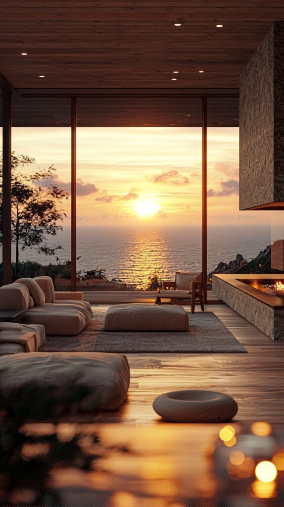 Modern living room with ocean view at sunset, featuring cozy seating and a warm ambiance.