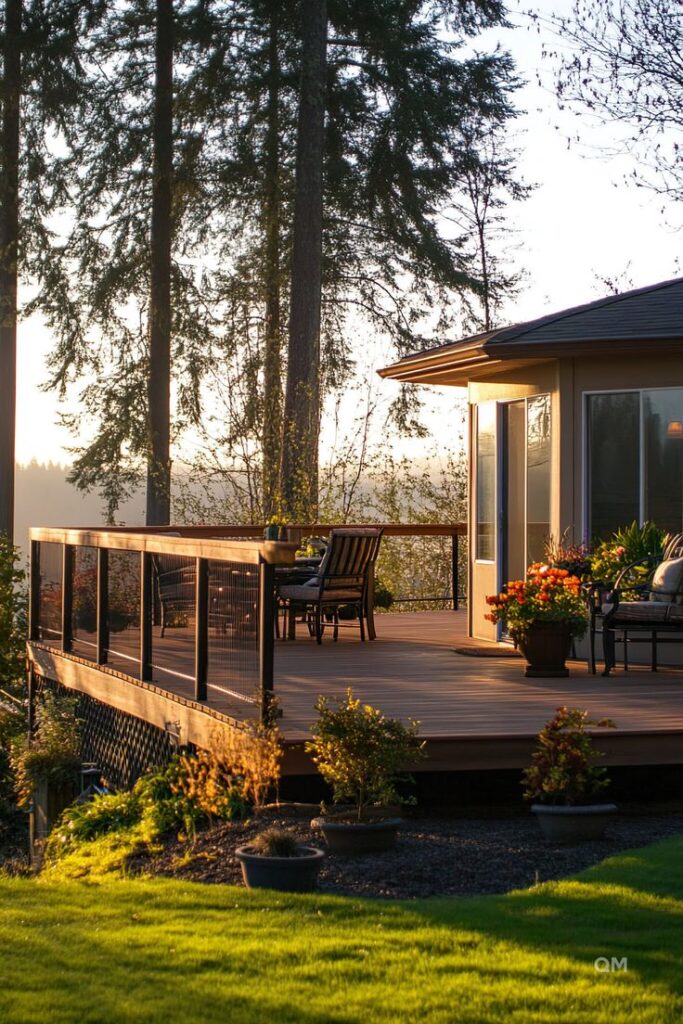 Wooden deck in a forested area, with outdoor seating and potted plants at sunset.
