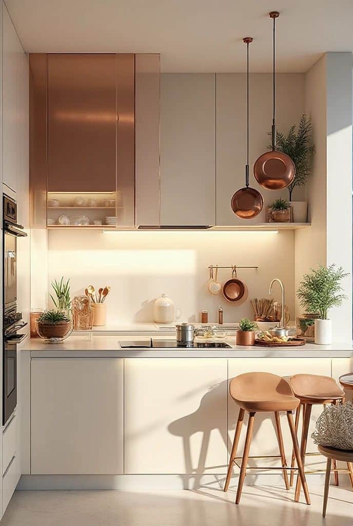 Modern kitchen with copper accents, pendant lights, and stylish decor, featuring bar stools and greenery for a cozy vibe.