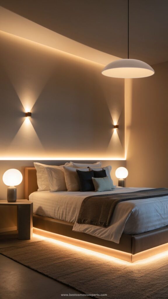 Modern Bedroom Decor Light Ideas_ Stylish Contemporary Bedroom Lighting for a Cozy Atmosphere Modern bedroom with ambient lighting, stylish decor, and cozy bedding for a relaxing atmosphere. | Sky Rye Design Modern bedroom with ambient lighting, stylish decor, and cozy bedding for a relaxing atmosphere.