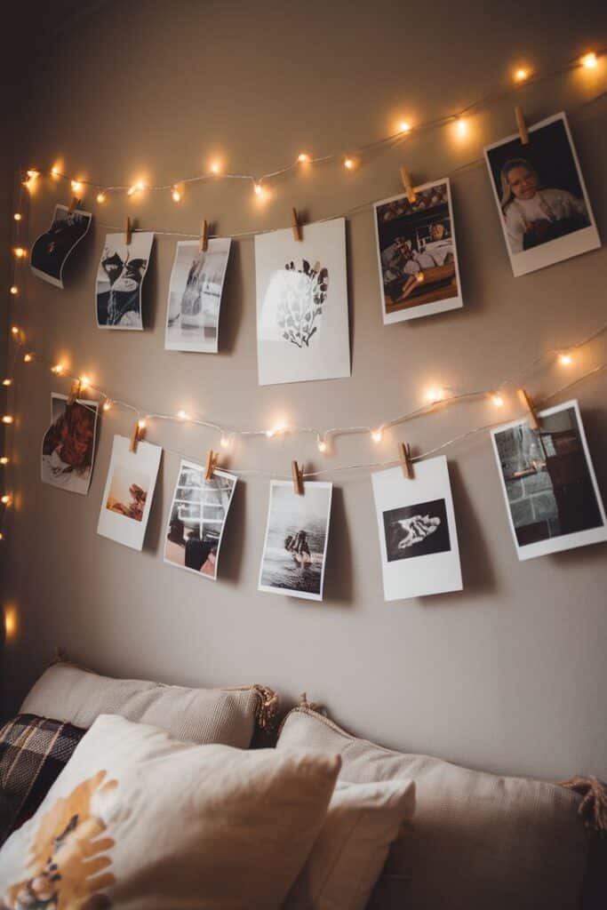 Cozy room with string lights and photos hung on a wall above a sofa with pillows.