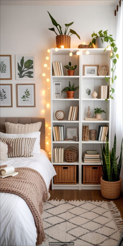 Cozy bedroom with white shelves, plants, books, and string lights creating a warm, inviting atmosphere.