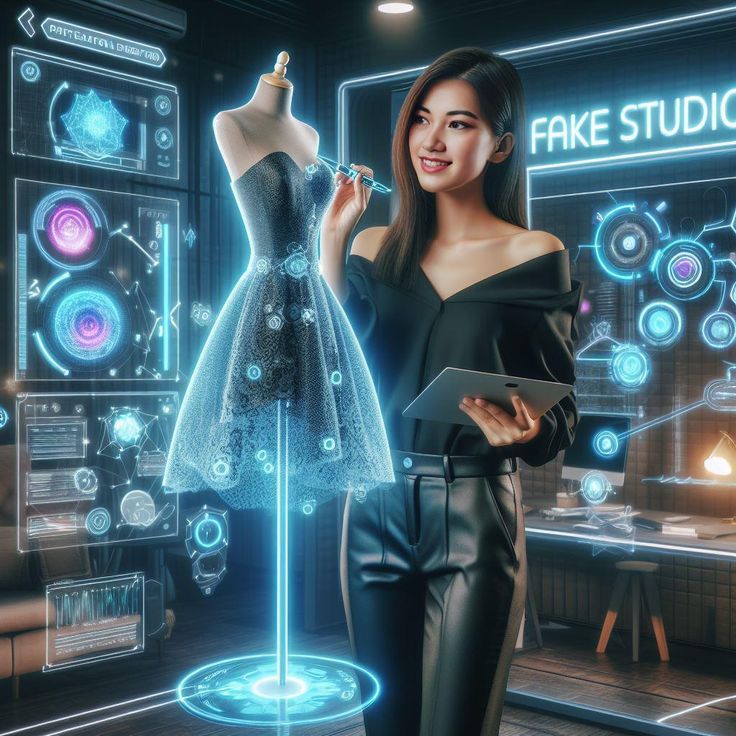 Designer creating digital dress concept in futuristic studio with holographic display.