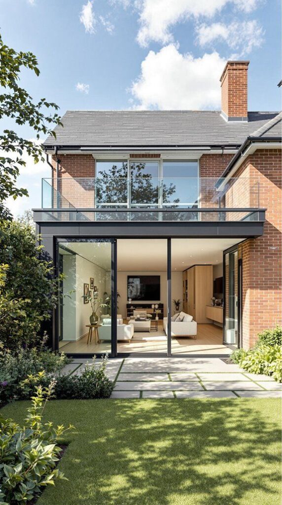 Modern Extension Designs That Add Style and Space Instantly Modern brick house with large glass doors, balcony, and garden. Sunlit living room visible through open doors. | Sky Rye Design Modern brick house with large glass doors, balcony, and garden. Sunlit living room visible through open doors.