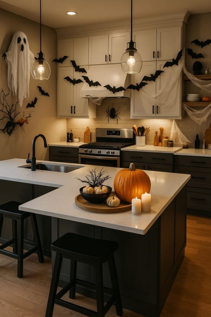 Spooky kitchen with Halloween decor, including bats, pumpkins, spider webs, and ghostly figure, creating a festive vibe.