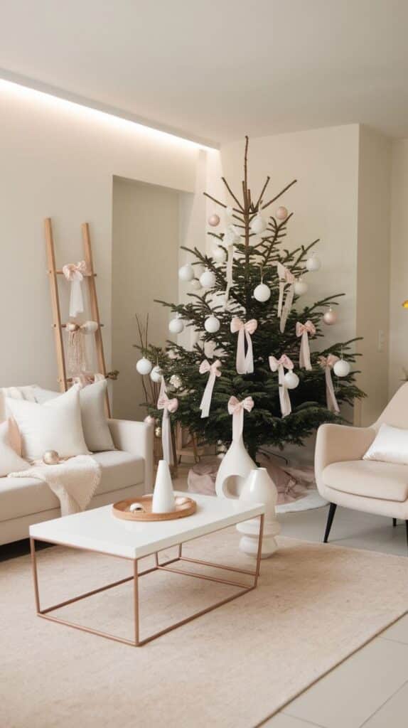Modern Holiday Home Decor Bright Airy Room Ideas Elegant living room with minimalist Christmas tree, white and pink ornaments, modern furniture. | Sky Rye Design Elegant living room with minimalist Christmas tree, white and pink ornaments, modern furniture.
