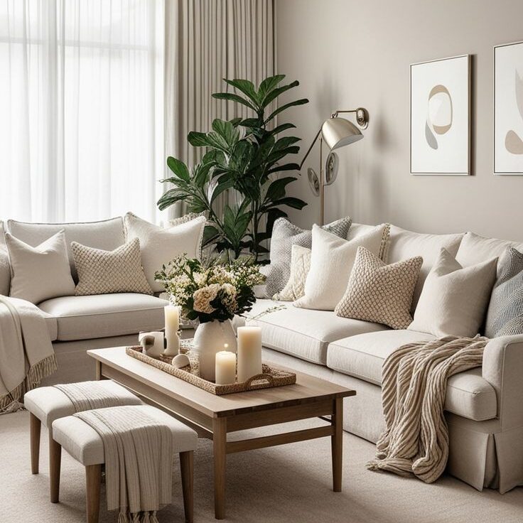 _Modern Home Decor Inspiration_ Cozy and Elegant Living Room_ Cozy living room with beige decor, plush sofas, indoor plant, and soft lighting from a large window. | Sky Rye Design Cozy living room with beige decor, plush sofas, indoor plant, and soft lighting from a large window.