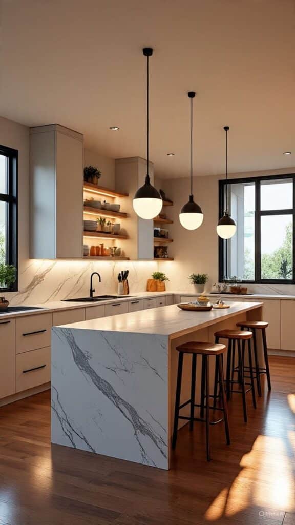 Modern kitchen with marble island, pendant lights, wood stools, open shelving, and large windows for natural light.
