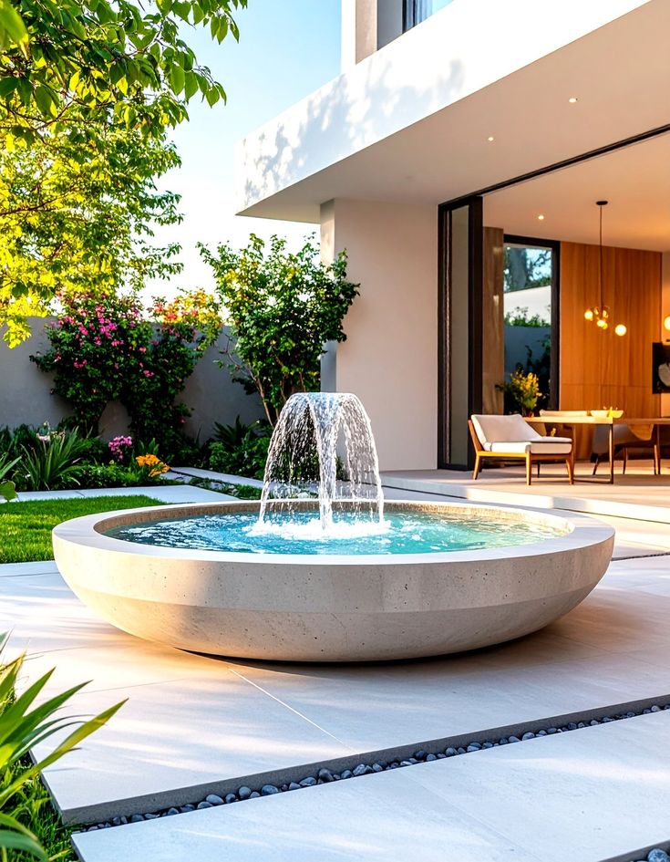 Modern Minimalist Bubbler - 24 Backyard Fountain Ideas to Elevate Outdoor Water - Too Much Time Modern backyard with a round fountain and lush greenery in front of a stylish open-concept living area. | Sky Rye Design Modern backyard with a round fountain and lush greenery in front of a stylish open-concept living area.