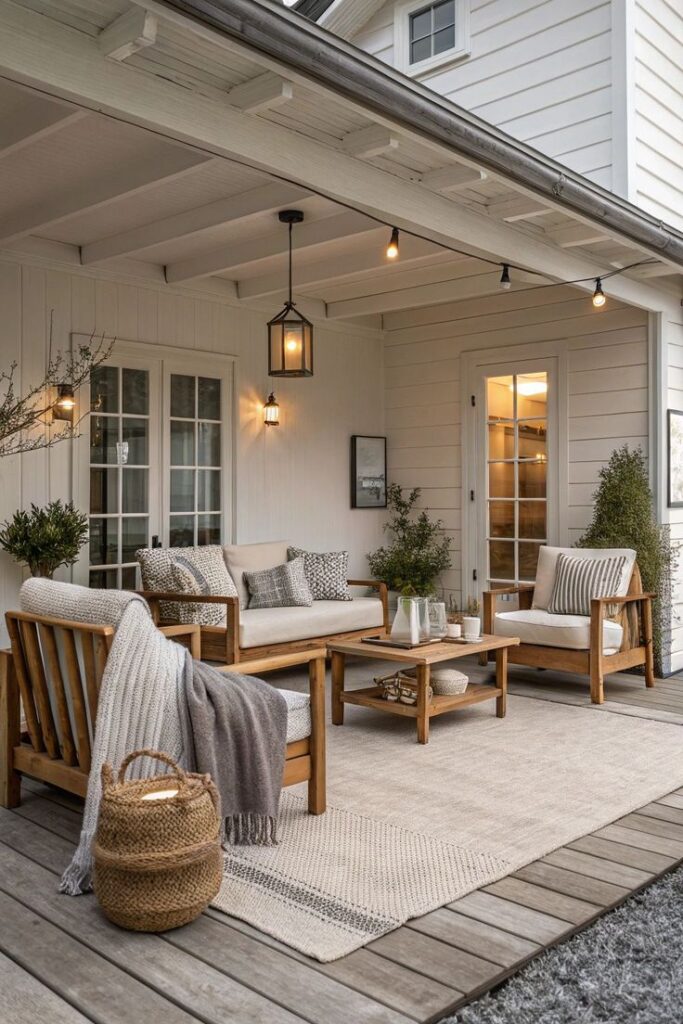 Cozy outdoor patio with wooden furniture and lantern lighting, featuring cushions and a woven basket on a wooden deck.