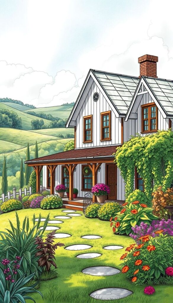 Charming country house with lush garden, vibrant flowers, and rolling hills in sunny landscape setting.
