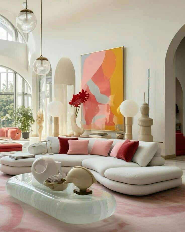 Modern living room interior Modern living room with abstract art, cozy white sofa, vibrant pink cushions, and stylish glass coffee table. | Sky Rye Design Modern living room with abstract art, cozy white sofa, vibrant pink cushions, and stylish glass coffee table.