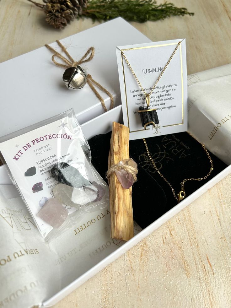 Protection kit featuring crystals, palo santo, and a necklace, elegantly displayed on a wooden surface.