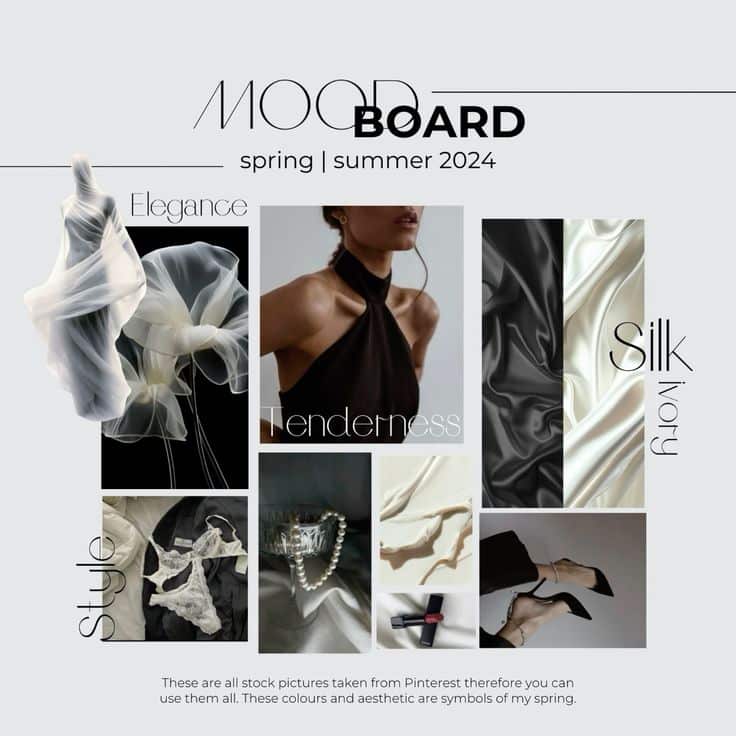 Mood board showcasing spring/summer 2024 fashion trends: elegance, tenderness, silk textures, and ivory tones.