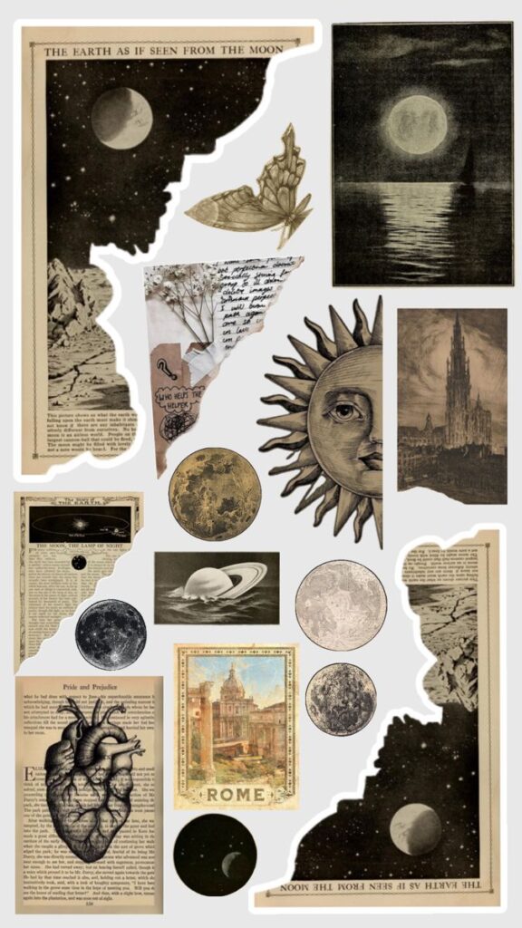 Collage of vintage celestial illustrations with moon phases, sun, Saturn, and nostalgic text elements.