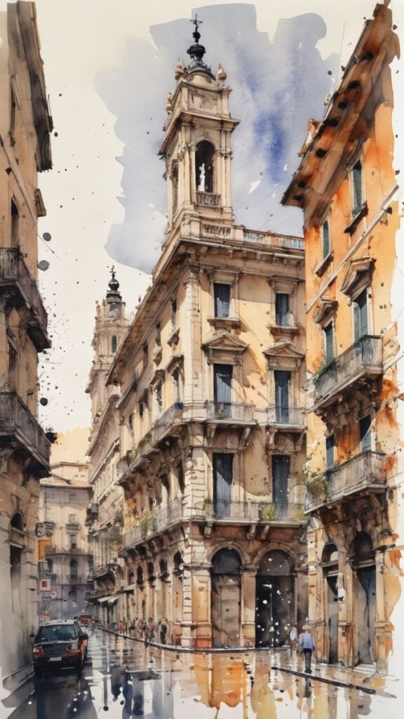 Watercolor of an old European street with tall, historic buildings and a car on a rainy day.