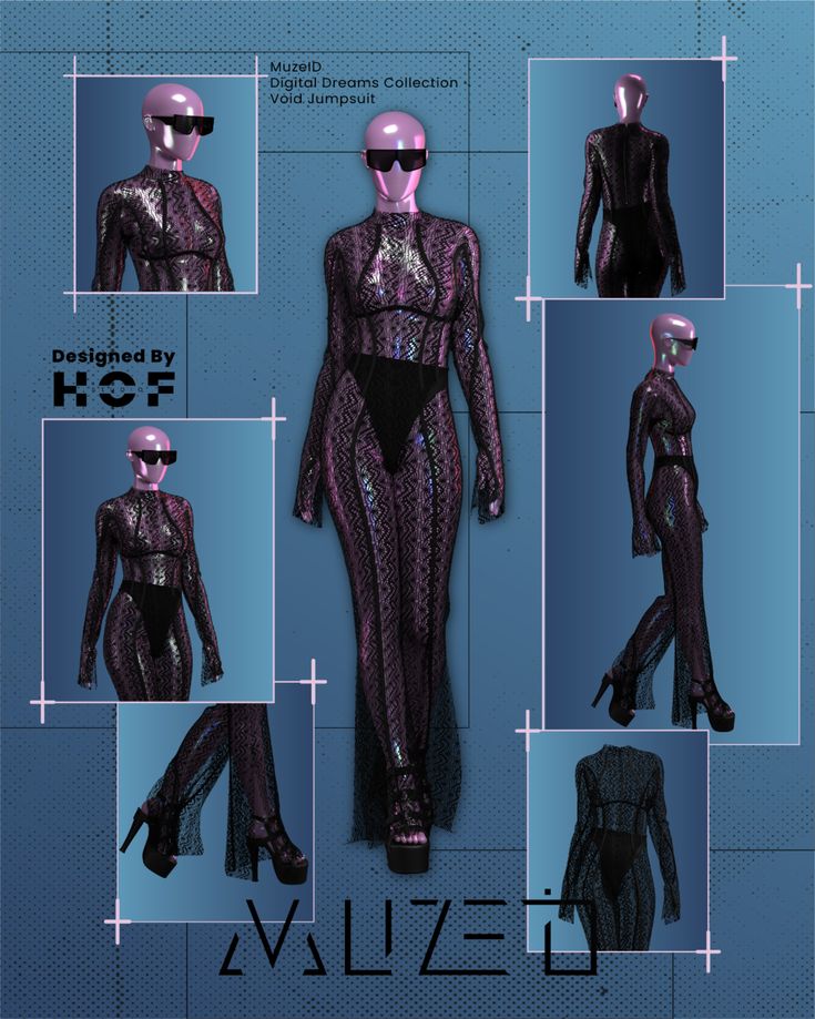 Futuristic fashion jumpsuit from MuzeID Digital Dreams Collection, designed by HOF, on a mannequin display.