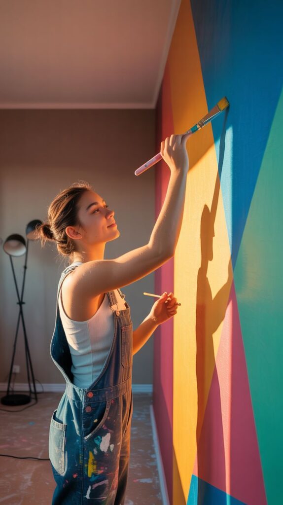Woman painting colorful geometric wall in bright room, wearing overalls and tank top. Creative home decor.