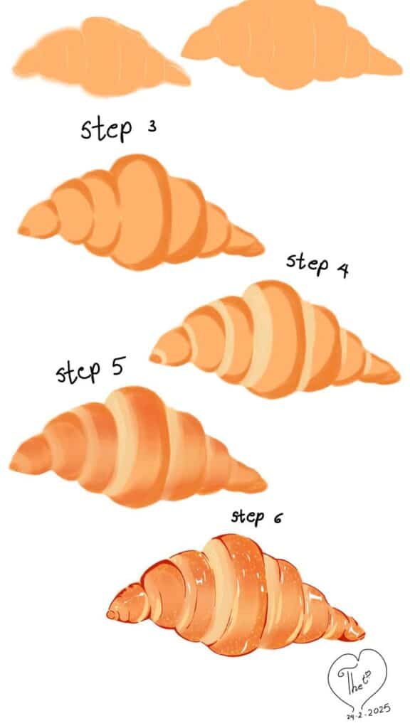 Illustrated step-by-step guide to drawing a croissant, from basic shapes to detailed finish.